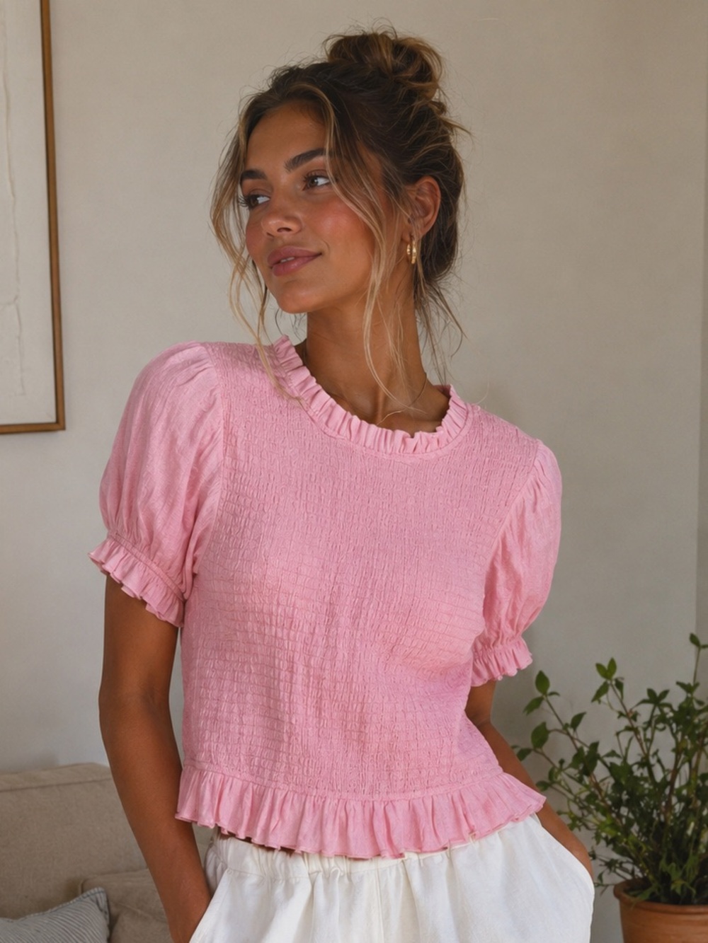 LE LIS Pink Smocked Puff Sleeve Crop Top Coquette Cottagecore Bow Blouse M